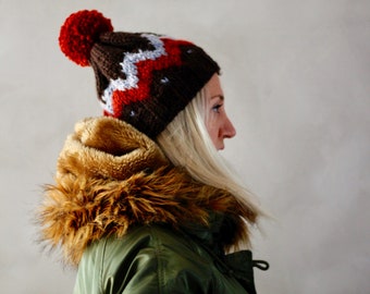 Chunky Beanie - Brown Red Blue Beanie- Pom pom Beanie- Loose Hat- Hand Knit Beanie- Winter Beanie- Handmade Beanie Christmas Gift for Her