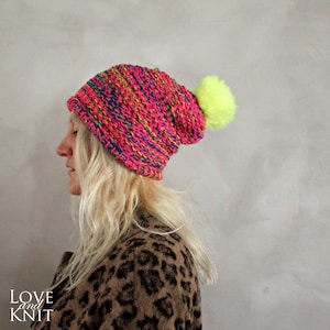 Neon Pom Pom Beanie / Hot Pink Neon Yellow Pom Pom Hat / Womens Knit Beanie / Fur Pom Pom Beanie / Fur Pom Pom Hat/ Gift for Her Womens Gift