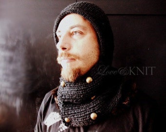 Mens Winter Hat Hooded Cowl Scarf Hand Knitted Cowl Mens Hood Cowl Neck Hoodie Military Hat Mens Knit Hat Gift for Him Mens Hooded Scarf