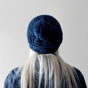 Blue pompom hat handmade beanie pompom beanie pom pom beanie dark blue winter beanie knit hat skull cap beanie hand knit blue beanie image 2