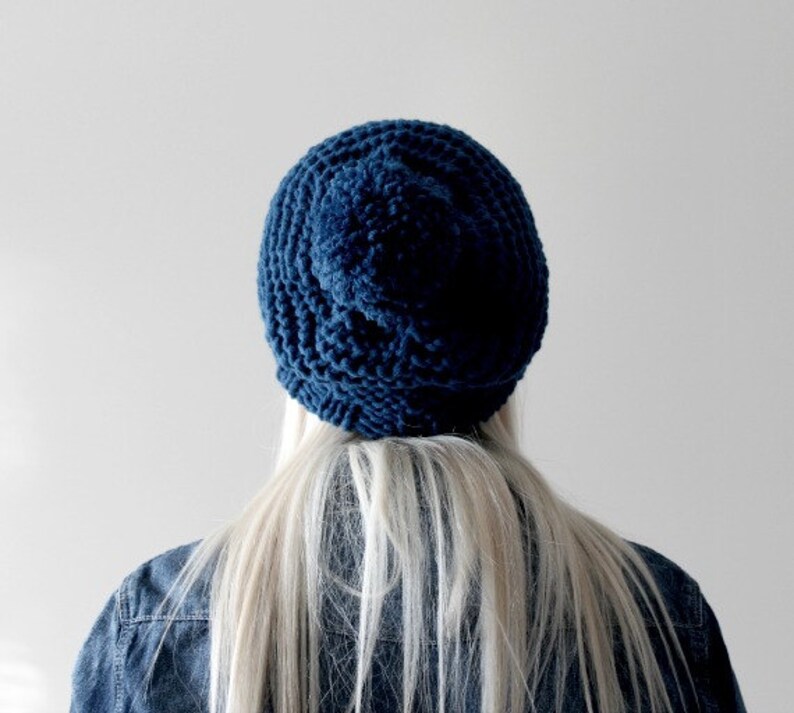 Blue pompom hat handmade beanie pompom beanie pom pom beanie dark blue winter beanie knit hat skull cap beanie hand knit blue beanie image 2