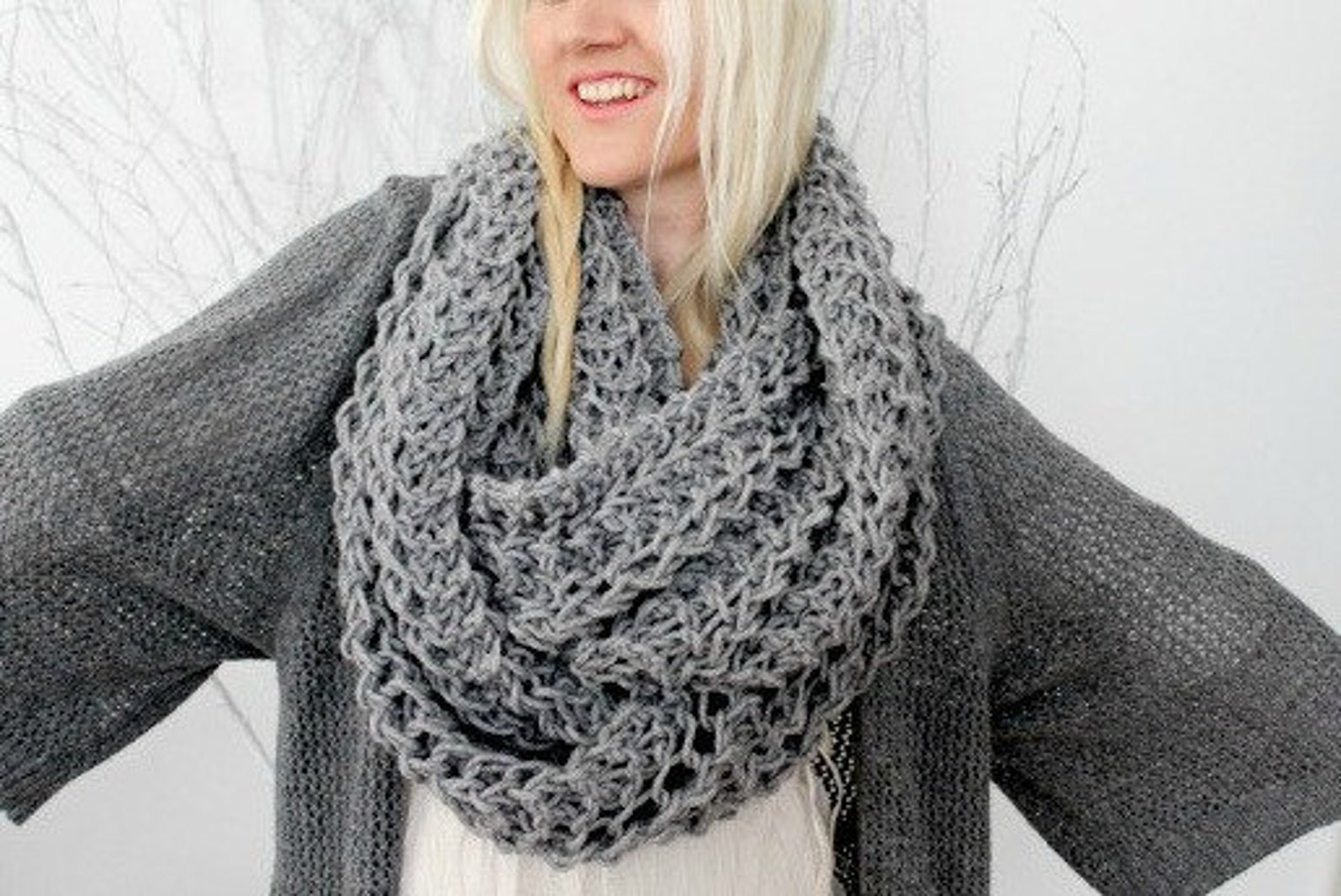 Knit Infinity Scarf/ Chunky Knit Scarf/ Grey/ Lace Knit Scarf/ Etsy