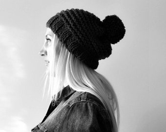 black pompom hat . pompom beanie . hand knit pompom beanie chunky slouchy hat. slouch pompom hat . knitted pompom beanie . black knit beanie