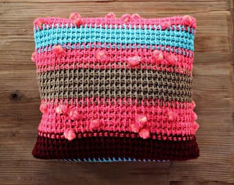 Knit Cushion / Knit Pillow / Bohemian Pillow / Pillow Case / Pink Turquoise / Boho Pillow Case / Bohemian Throw / Sofa Throw / Ethnic