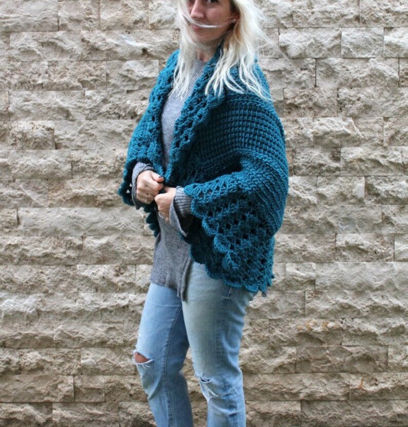 Bohemian Cardigan / Hand Knit Cardigan / Womens Knit Cardigan / Oversized Shrug / Teal Cardigan / Chunky Knit Cardigan / Plus Size Cardigan image 4