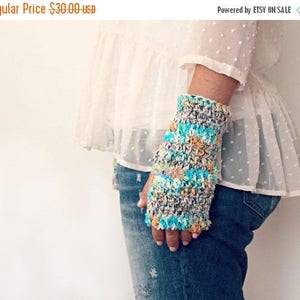Sale Fingerless Gloves- Mint Orange White Fingerless Gloves- Gift for Her- Crochet Gloves- Womens Knit Gloves- Half Finger Gloves- Pastel