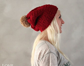 Pom Pom Beanie- Red Camel Slouchy Beanie- Christmas Hat- Gift for Her Hand Knitted Beanie- Womens Gift Winter Accessories Handmade Beanie