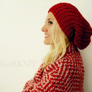 red slouchy beanie . baggy knit hat . hand knitted beanie . wool slouchy hat . chunky knit beanie . loose knit hat . womens tam hats