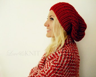 red slouchy beanie . baggy knit hat . hand knitted beanie . wool slouchy hat . chunky knit beanie . loose knit hat . womens tam hats