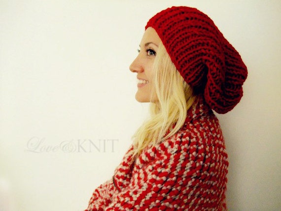 Red Slouchy Beanie . Baggy Knit Hat 