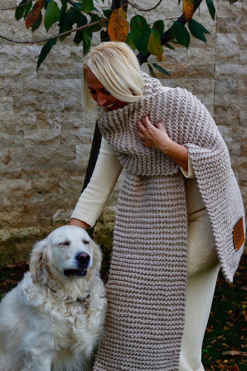 Hand Knitted Scarf Long Chunky Scarf Oversized Scarf Blanket Scarf Wrap Scarf Gift for Girlfriend Christmas Gift Beige Scarf image 3