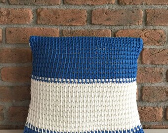 Cotton Jersey Hand Knitted Pillow Case Blue White Striped Nautical Pillow Cotton Cushion Marine Decorative Pillow Organic Pillow Jersey Yarn