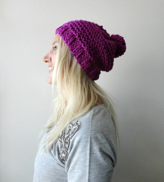 Womens Pom Pom Hat, Purple Pom Pom Beanie, Slouchy Pompom Beanie