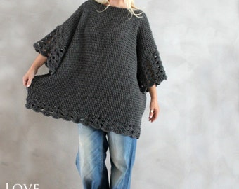 Plus Size Tunic Dress Oversized Sweater Grey Plus Size Sweater Oversized Tunic Hand Knit Sweater Handmade Oversized Pullover