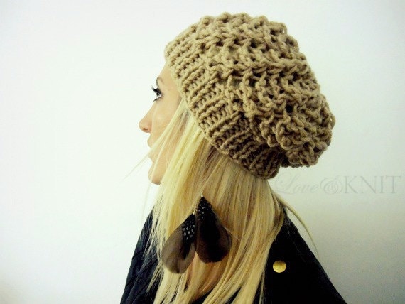 Lace Knit Slouchy Hat- Beige Slouchy Hat- Hand Knit Beanie- Knit
