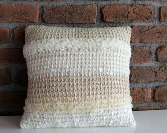 Hand Knitted Throw Pillow Cover striped pillow case stripe throw pillow white cream nude crochet pillow decorative boho pillow linen knit