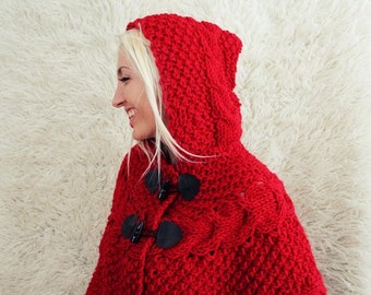 Hand Knitted Hooded Poncho- wrap shrug red riding hood halloween costume hooded poncho elven winter cape capelet knitted cardigan