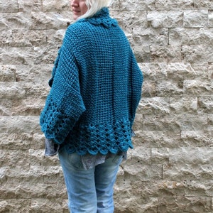 Bohemian Cardigan / Hand Knit Cardigan / Womens Knit Cardigan / Oversized Shrug / Teal Cardigan / Chunky Knit Cardigan / Plus Size Cardigan image 2