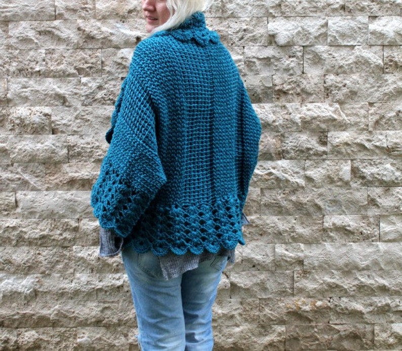 Bohemian Cardigan / Hand Knit Cardigan / Womens Knit Cardigan / Oversized Shrug / Teal Cardigan / Chunky Knit Cardigan / Plus Size Cardigan image 2