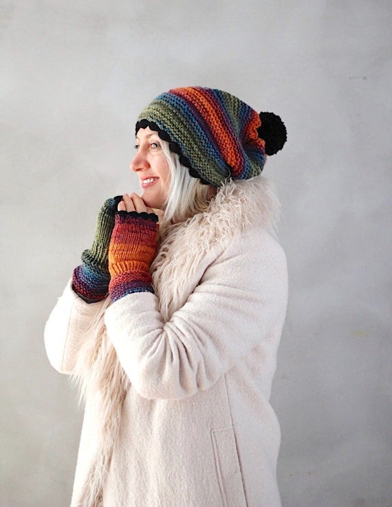 Rainbow Hat and Gloves Set Colorful Pom Pom Beanie Fingerless Gloves Hand Knit Winter Beanie Handmade Hat and Gloves Gift Set Gift for her