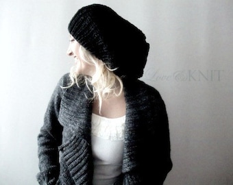 Black Slouchy Hat, Womens Winter Fashion, Gift for Her, Womens Gift, Mens Winter Hat