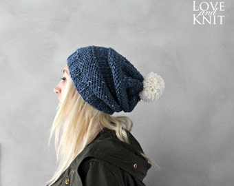 Slouchy Pom Pom Beanie / Chunky Knit Beanie / Beanie for Woman / Gift for Her / Thick Knit / Blue Beanie / Pom Pom Beanie / Slouchy Beanie