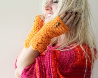 womens fingerless gloves / neon orange fingerless gloves / crochet fingerless gloves, fingerless gloves for women, womens gift, gift for her