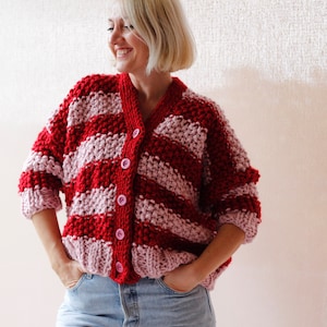 Chunky Sweater / Chunky Knit Sweater / Cardigan / Handmade Sweater / Hand Knitted Sweater / Red Pink Striped / Sweater / Gift for Her image 1