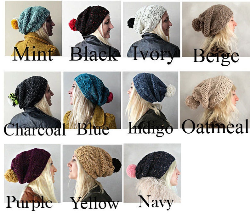 Slouchy Pom Pom Beanie Navy Pink Knit Hat Slouchy Hat Pom Etsy