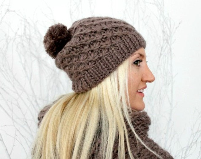 Hand Knitted Pom Pom Beanie Pom Pom Beanie Taupe Knit Beanie Etsy