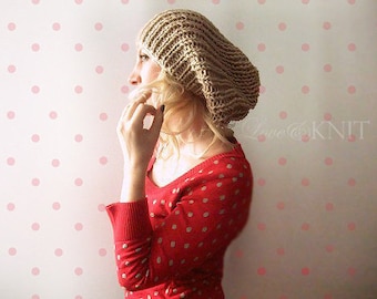 hipster hat . baggy hipster beanie . hand knit beanie .slouchy beanie hat . chunky knit beanie . slouchy winter beanie . tan slouchy hat