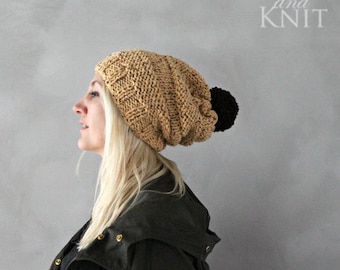 Gorro holgado con pompón - Gorro holgado con pompón - Gorro con pompón - Gorro tejido a mano - Gorro holgado - Gorro Tam para mujer - Gorro Tam holgado