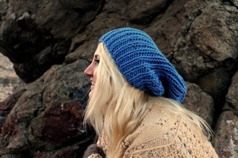 Hand Knit Blue Winter Hat Slouchy Hat Wool Beanie Womens Etsy