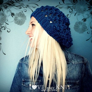 Hand Knit Blue Winter Hat - Slouchy Wool Hat - Lacey Wool Beanie - Chic Winter Hat