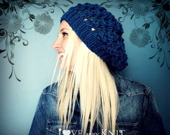 Hand Knit Blue Winter Hat - Slouchy Wool Hat - Lacey Wool Beanie - Chic Winter Hat