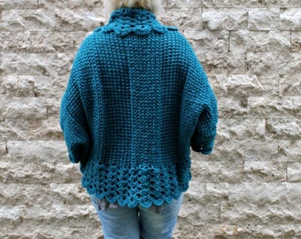 Bohemian Cardigan / Hand Knit Cardigan / Womens Knit Cardigan / Oversized Shrug / Teal Cardigan / Chunky Knit Cardigan / Plus Size Cardigan