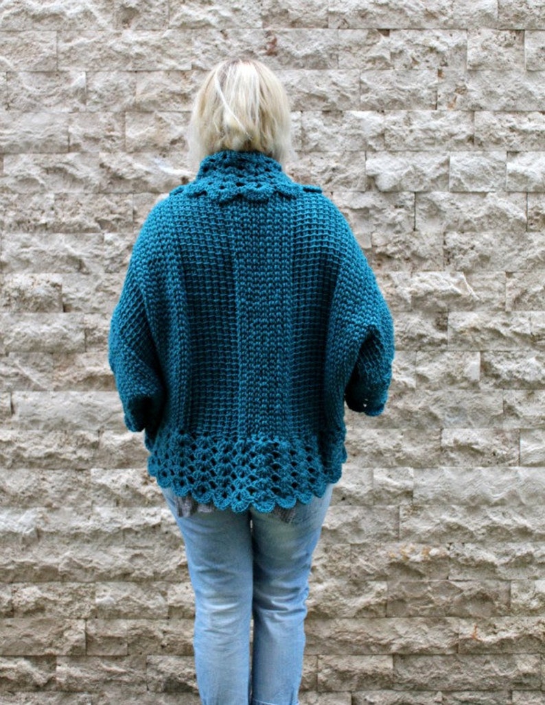 Bohemian Cardigan / Hand Knit Cardigan / Womens Knit Cardigan / Oversized Shrug / Teal Cardigan / Chunky Knit Cardigan / Plus Size Cardigan image 1