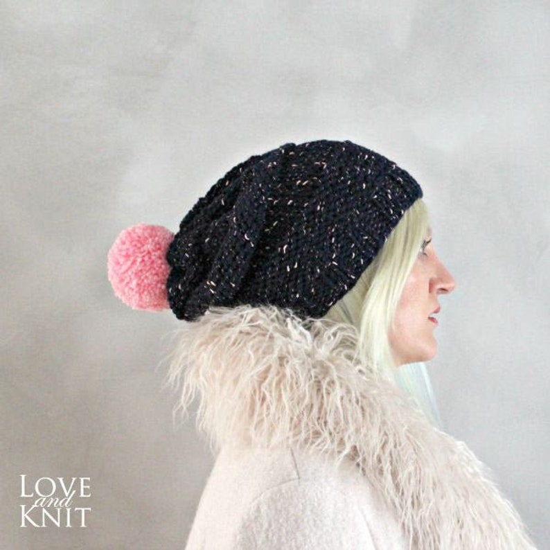 Slouchy Pom pom Beanie Navy Pink Knit Hat Slouchy Hat Pom Pom Hat Pom Pom Beanie Tam Hat Loose Hat Knit Beanie Knitted Pompom Beanie image 1