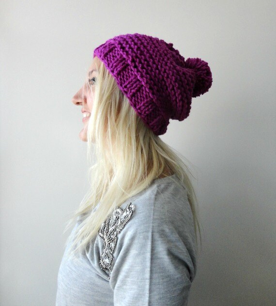 Purple Pom Pom Beanie Slouchy Pompom 