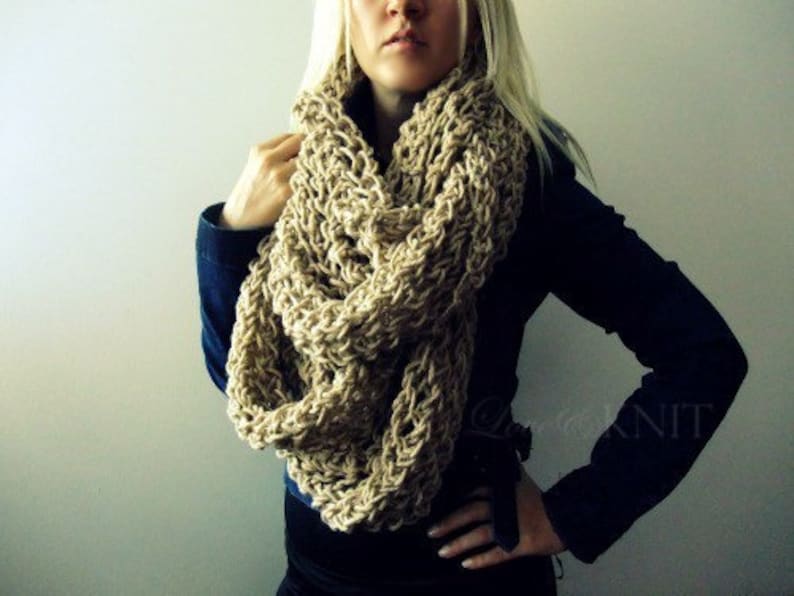Chunky Knit Scarf, Infinity Scarf, Oversized Scarf, Extra Long Scarf, Circle Scarf, Beige, Bulky Scarf, Infinity Scarf, Thick Knit image 1