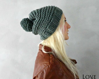 Hand Knitted Pompon Beanie Slouchy Pompom Beanie Chunky Slouchy Pompom Beanie Hats Handmade Knit Hats Pom Pom Beanie Mens Knit Hats Womens