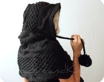 Hooded Scarf / Black Hooded Scarf / Knit Hooded Scarf /Chunky Hooded Scarf / Oversized Hooded Scarf / Hood Capelet / Hooded Cloak