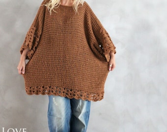 Plus Size Tunic Dress Oversized Sweater Brown Plus Size Sweater Oversized Tunic Hand Knit Sweater Handmade Oversized Pullover
