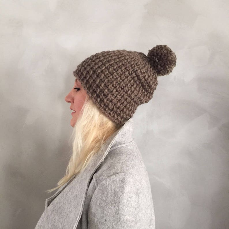 Chunky Hat Chunky Pompom Hat Pom pom Hat Taupe Brown Knit Hat Chunky Beanie Pom pom Beanie Gift for Her Christmas Gift image 1