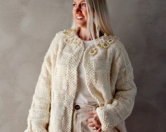 Plus Size Cardigan - White Cardigan - XLarge Sweater - Hand Knit Sweater - Gift for Her - Bridal Sweater - Gift for Mother - Chunky Knit