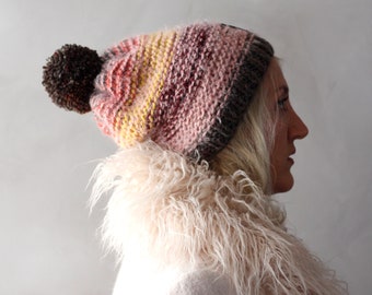 Slouchy Beanie- Pom Pom Beanie-Colorful Beanie-Knitted Hat-Knit Hat-Womens Beanie- Chunky Pom Pom Beanie - Slouchy Pom Pom Hat - Outdoor Hat