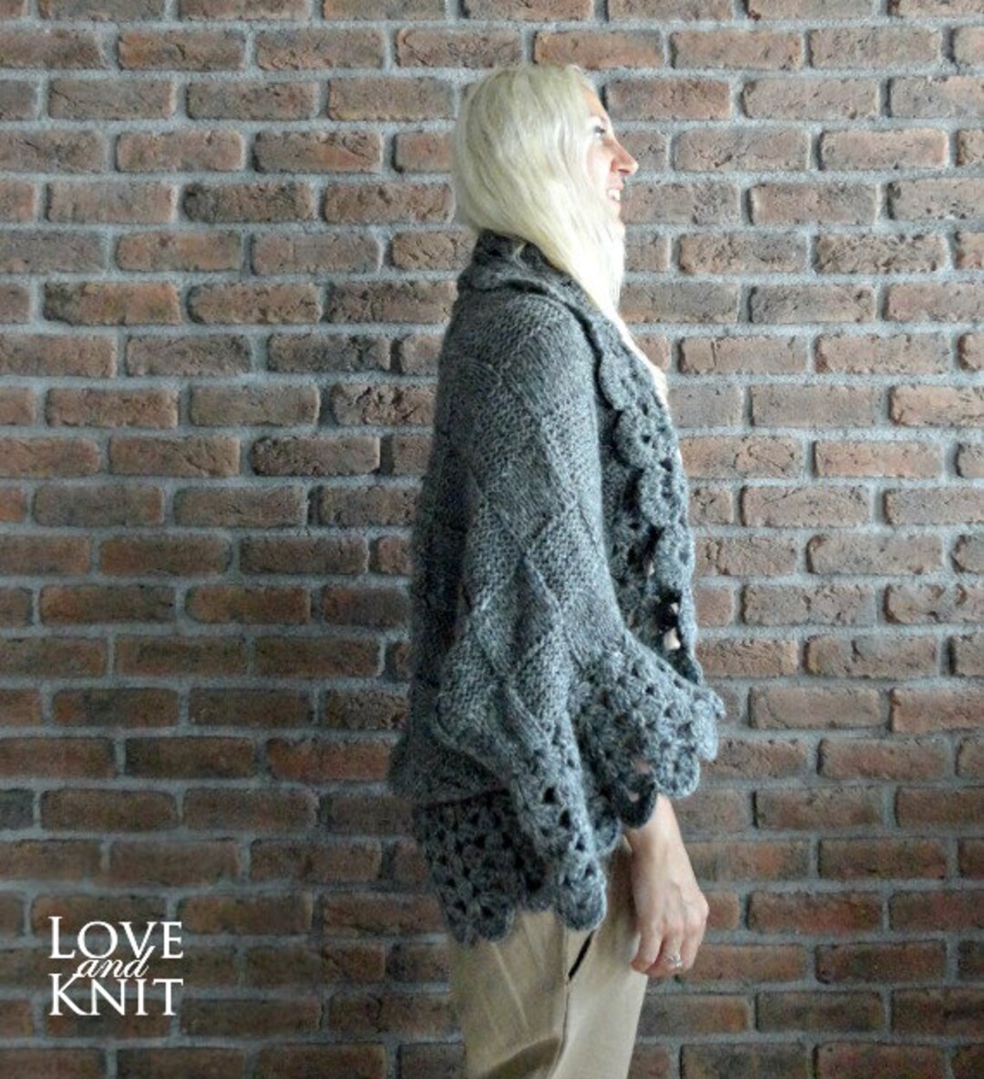 Knitted Crochet  Cardigan Jumper - Grey