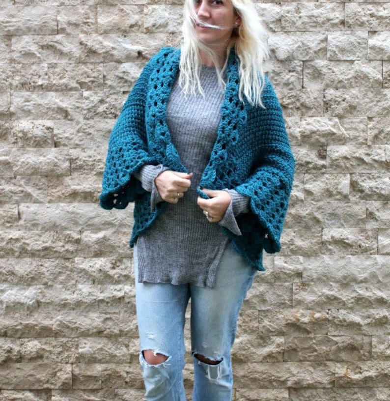 Bohemian Cardigan / Hand Knit Cardigan / Womens Knit Cardigan / Oversized Shrug / Teal Cardigan / Chunky Knit Cardigan / Plus Size Cardigan image 3