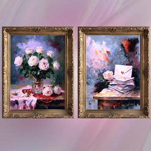 Naturaleza muerta romántica︳Conjunto de dos piezas de pintura al óleo abstracta de lavanda︳Sobre con carta de amor︳Rosa floral antigua vintage︳Imprimible︳DESCARGA DIGITAL