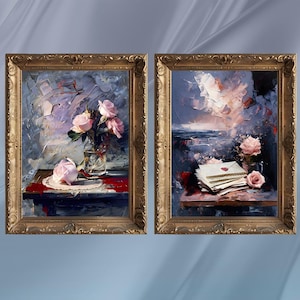 Naturaleza muerta romántica con un tono melancólico, pintura al óleo, cartas, sobres, rosas rosadas, texturas en azul intenso, estilo antiguo vintage, conjunto de dos piezas, DESCARGA DIGITAL